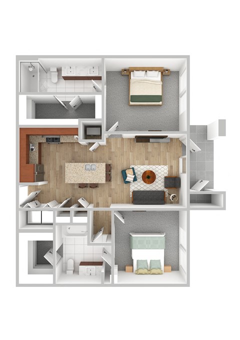 a 2 bedroom floor plan with a bathroom and a living room